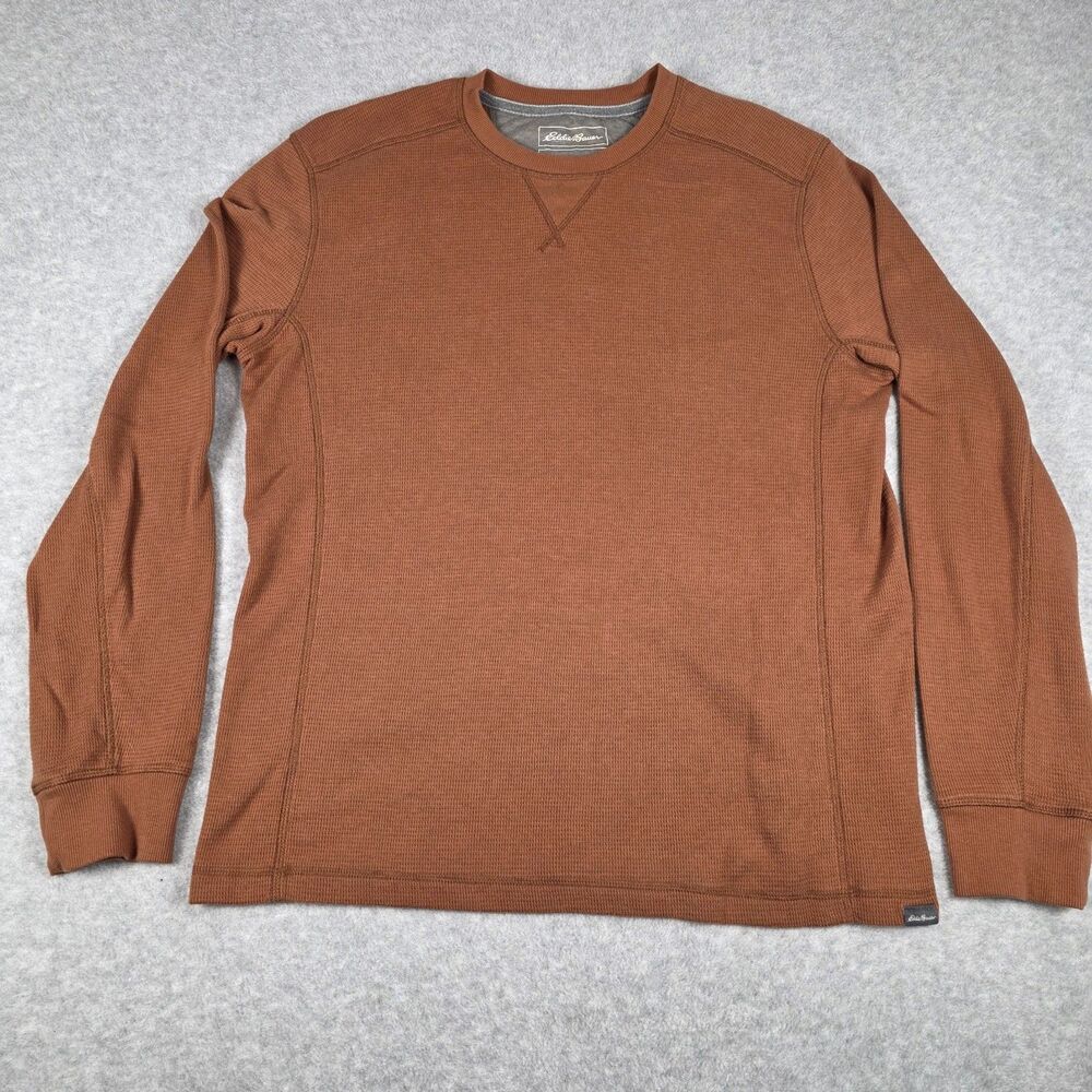 Eddie Bauer Men's L Thermal Shirt Rust Brown Waffle Knit Long Sleeve Crew